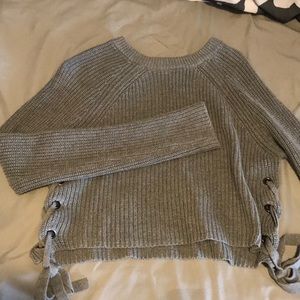 grey cropped lace up side sweater
